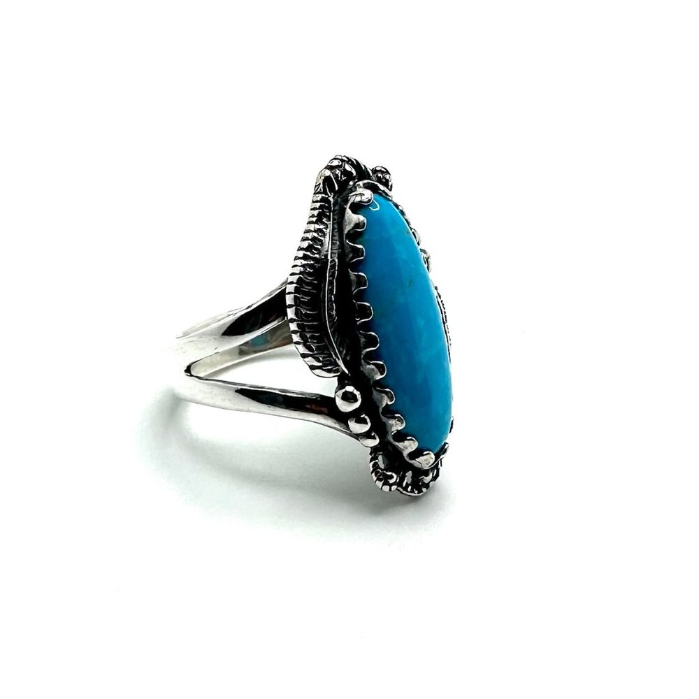American West Leaf & Scroll Oval Blue Turquoise Sterling Silver Ring Size 9 - Picture 2 of 4